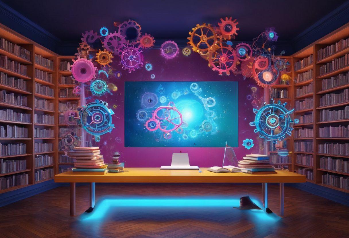 A whimsical, ornate digital library filled with vibrant, floating books and interactive holograms. In the forefront, a charismatic character resembling Morris Lessmore, with old-fashioned charm, enthusiastically sharing his innovative web designs on floating screens. Background features intricate, magical gears symbolizing excellence in web development. super-realistic. vibrant colors. 3D.
